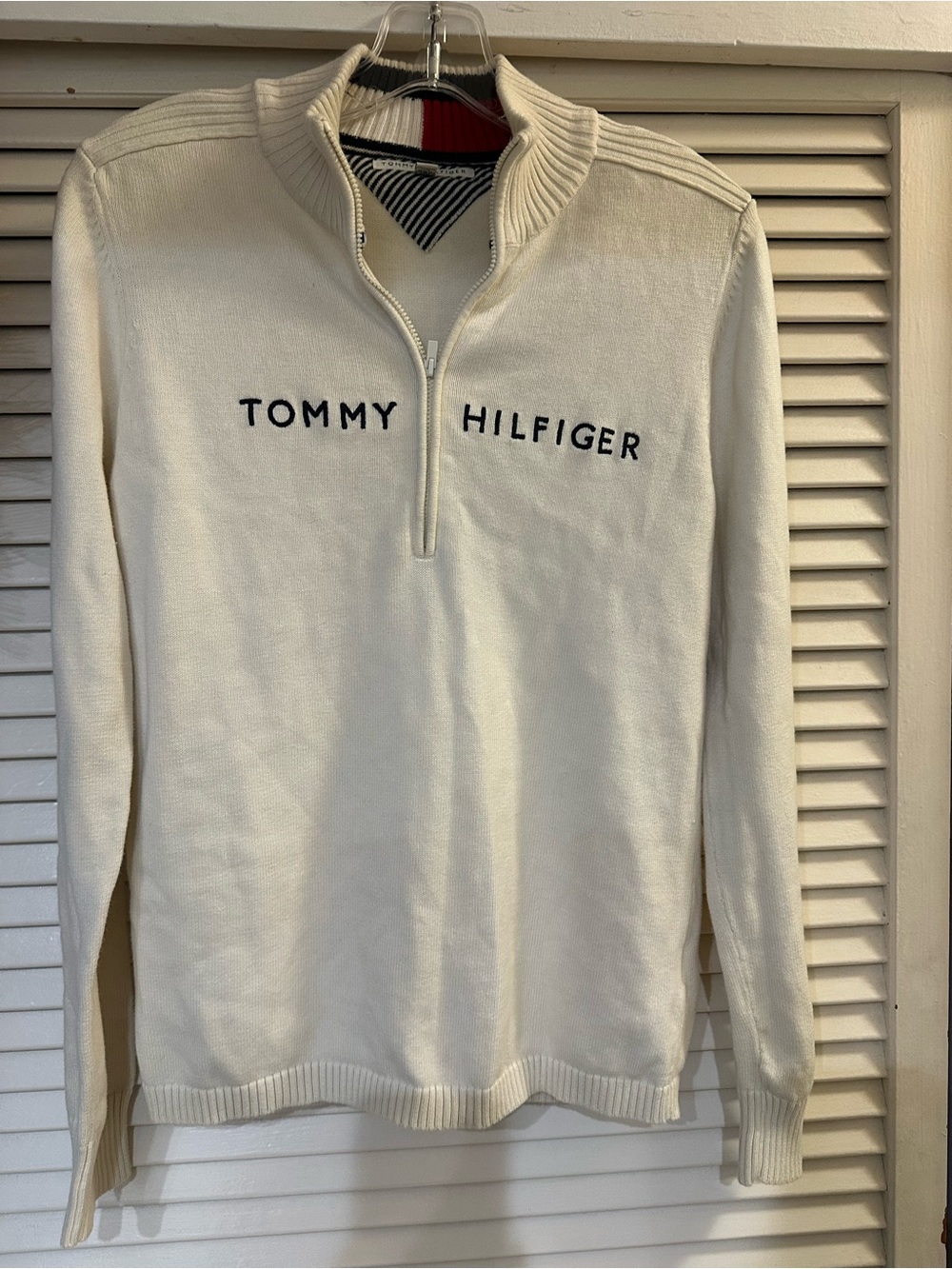 Tommy Hilfiger Men's Cream Half-Zip Sweater with Navy Logo